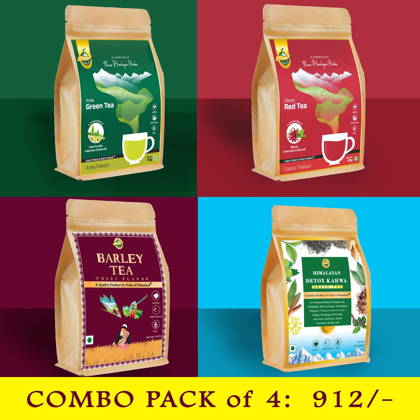 Combo Pack| Pack of 4 | Red Tea( Loose), Green Tea(Loose), Barley Tea| Detox Kahwa