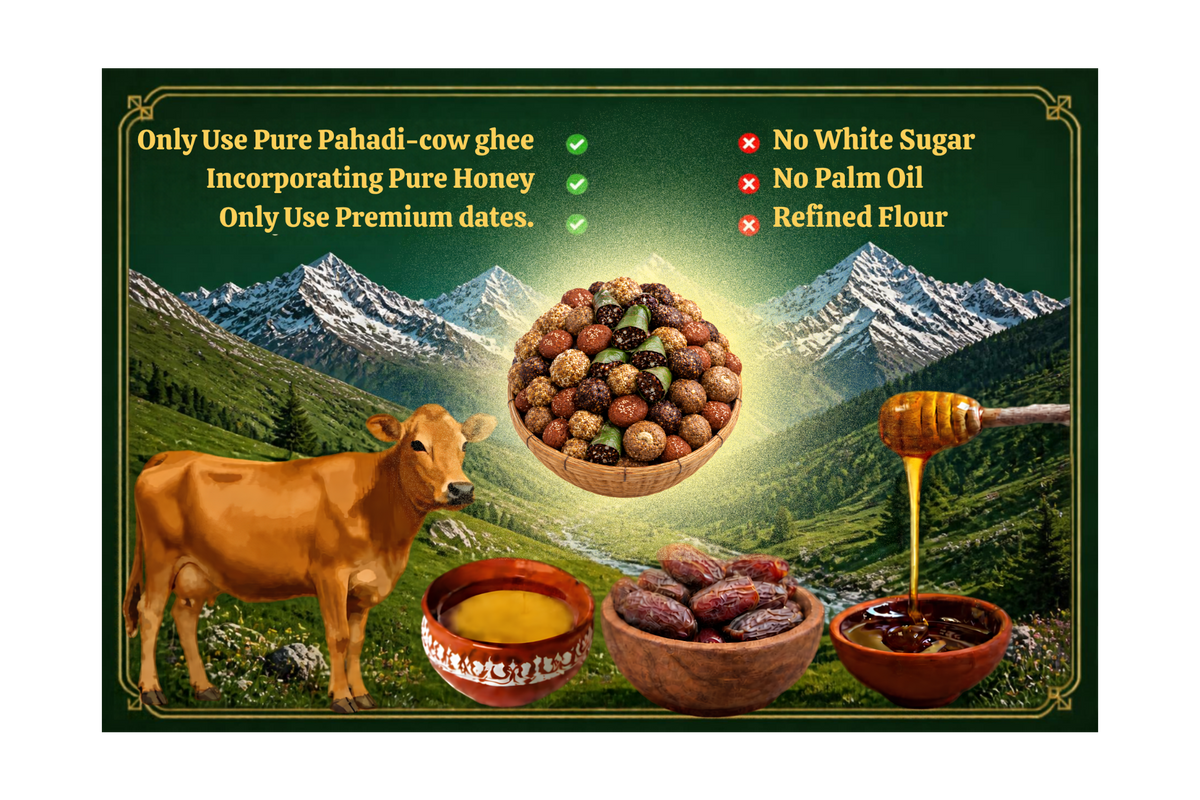 Promotional graphic for a ghee and date product with a cow, mountains, bowls of ghee and dates, a honey dipper, and text listing ingredients and benefits on a dark green background.